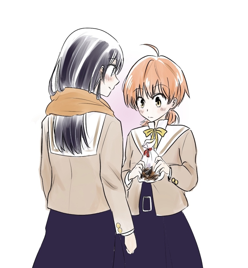 2girls, black_hair, blush, chocolate, couple, food, highres, koito_yuu