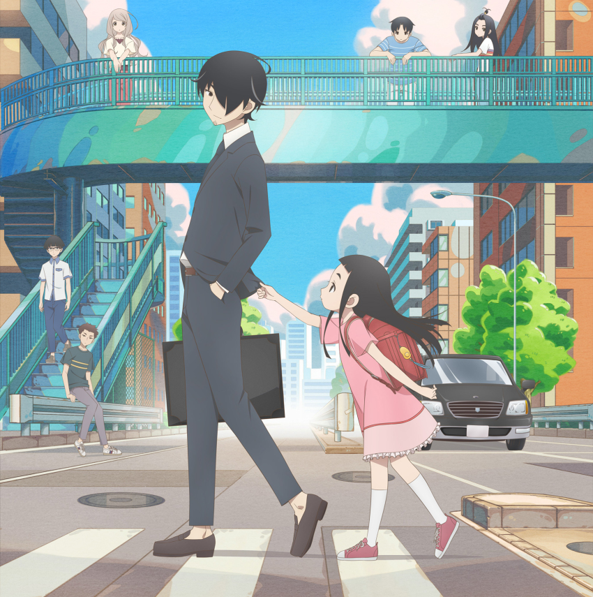 3girls, 4boys, backpack, bag, black_hair, blue_sky, bridge, briefcase