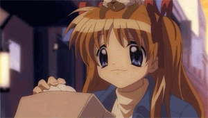 1girl, animated, animated_gif, anime_screenshot, steamed_bun, cat, fang, female_focus