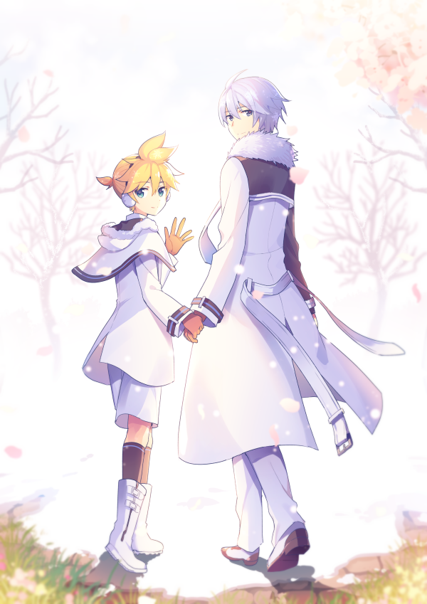 2boys, belt, black_socks, blonde_hair, blue_eyes, blue_hair, boots, capelet