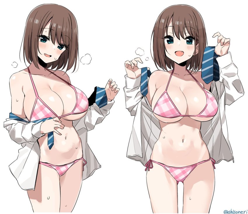 1girl, :d, bare_shoulders, bikini, blue_eyes, blush, breasts, brown_hair