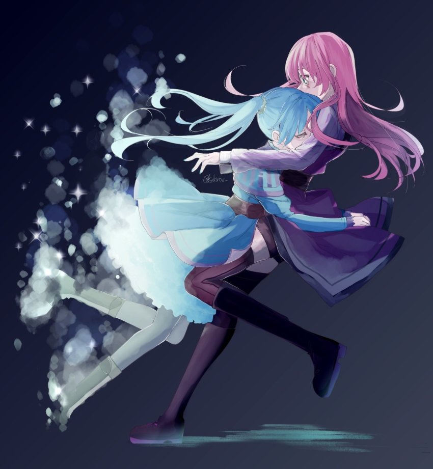 2girls, arms_around_another's_waist, hatsune_miku_(avant-garde), blue_capelet, blue_dress, blue_eyes, blue_hair, boots, capelet, commentary, dissolving, dress, half-closed_eyes, hatsune_miku, head_on_chest, highres, hug, knee_boots, lady-ichiko, layered_dress, leg_up, long_hair, megurine_luka, multiple_girls, pink_hair, project_diva_(series), purple_footwear, purple_legwear, purple_vest, megurine_luka_(successor), surprised, thighhighs, twintails, twitter_username, vest, vocaloid, wide-eyed, yuri, zettai_ryouiki