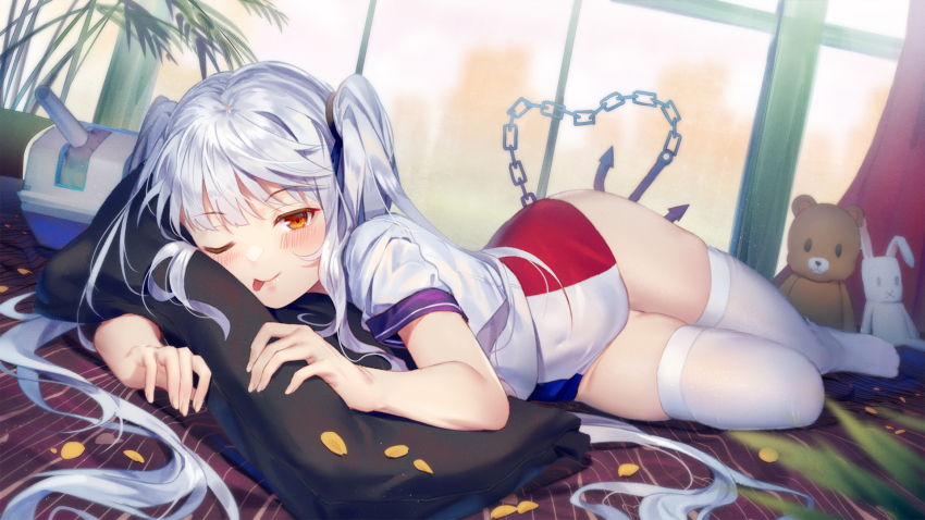 1girl, cannon, female_focus, french_flag, french_flag_swimsuit, hair_ornament, headgear, highres, indoors, ji_dao_ji, le_fantasque_(warship_girls_r), lying, multicolored_swimsuit, on_side, one-piece_swimsuit, one_eye_closed, ship_turret, solo, stuffed_animal, stuffed_rabbit, stuffed_toy, swimsuit, swimsuit_under_clothes, thighhighs, tongue, tongue_out, twintails, warship_girls_r, white_hair, white_thighhighs, yellow_eyes