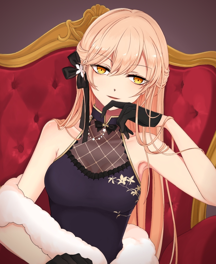1girl, armpits, black_gloves, blonde_hair, bow, breasts, china_dress, chinese_clothes, cyril_m45, dress, female_focus, fur, girls'_frontline, gloves, hair_bow, hair_ornament, hand_on_own_head, highres, long_hair, looking_at_viewer, official_alternate_costume, orange_eyes, ots-14_(girls'_frontline), ots-14_(sangria_succulent)_(girls'_frontline), simple_background, sitting, sitting_on_chest, smile, solo