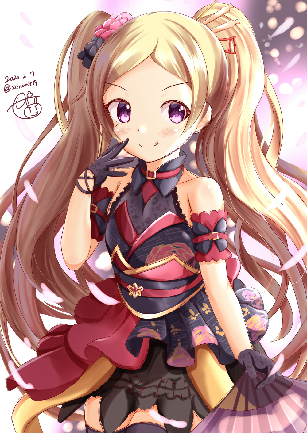 >:), 1girl, :q, artist_name, bare_shoulders, black_dress, black_flower, black_gloves