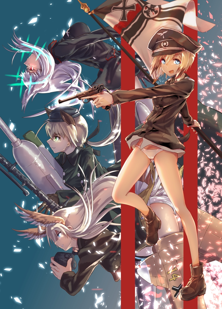 4girls, absurdres, animal_ears, bare_legs, black_gloves, black_ribbon, blonde_hair, blue_eyes