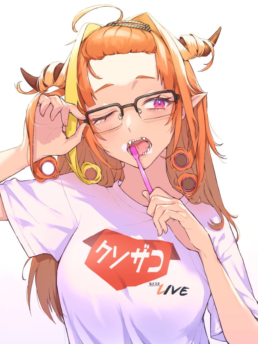 1girl, adjusting_eyewear, ahoge, alternate_costume, blonde_hair, blush, breasts, brushing_teeth, dragon_horns, eyelashes, fangs, female_focus, forehead, glasses, hair_ornament, hair_rollers, hairclip, highres, hololive, horns, kiryu_coco, long_hair, medium_breasts, multicolored_hair, one_eye_closed, open_mouth, orange_hair, pointy_ears, purple_eyes, rabbitioli, shirt, short_sleeves, simple_background, sleepy, solo, t-shirt, tears, teeth, toothbrush, two-tone_hair, upper_body, virtual_youtuber, white_background, white_shirt