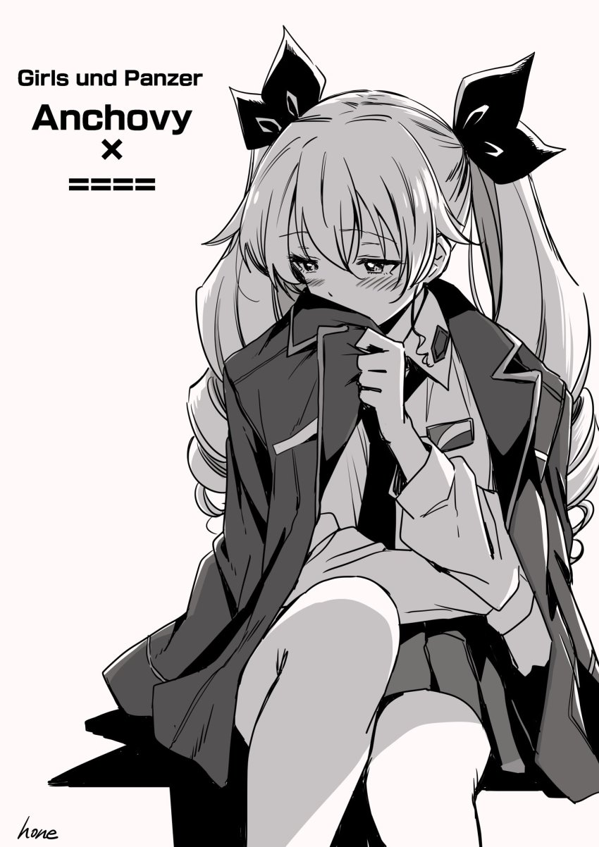 1girl, anchovy_(girls_und_panzer), anzio_school_uniform, artist_name, black_ribbon, blush, character_name, closed_mouth