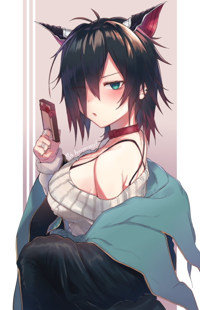 1girl, alternate_costume, animal_ears, anniversary, bandaged_fingers, bandages, black_hair, blue_eyes