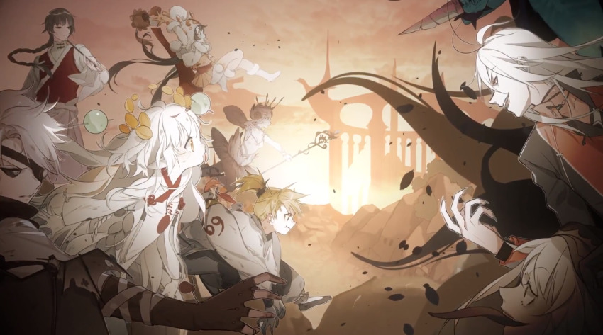 4boys, 4girls, antennae, athletic_leotard, b-52_cocktail_(food_fantasy), ballerina, black_hair, black_sclera, blonde_hair, boston_lobster_(food_fantasy), braid, capelet, chinese_clothes, colored_sclera, crab_long_bao_(food_fantasy), detached_sleeves, dress, eyepatch, foie_gras_(food_fantasy), food-themed_hair_ornament, food_fantasy, grey_hair, hair_ornament, headset, jacket, leotard, lobster_claw, long_hair, multicolored_hair, multiple_boys, multiple_girls, open_clothes, open_shirt, peking_duck_(food_fantasy), pom_pom_(clothes), ponytail, rice_(food_fantasy), rice_hair_ornament, short_hair, short_ponytail, skirt, smile, staff, tangyuan_(food_fantasy), tutu, twintails, white_hair, yellow_eyes