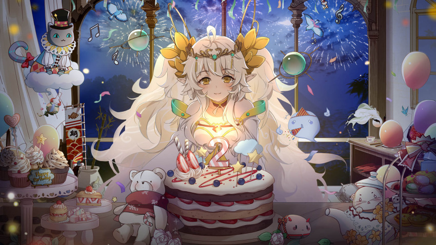 1girl, balloon, birthday_cake, cake, candle, choker, confetti, cupcake, detached_sleeves, dress, female_focus, food, food-themed_hair_ornament, food_fantasy, fruit, goddess_rice_(food_fantasy), hair_ornament, highres, long_hair, macaron, multicolored_hair, night, official_art, rice_(food_fantasy), rice_hair_ornament, sky, smile, solo, strawberry, sweets, teapot, tiara, tiered_tray, twintails, yellow_eyes