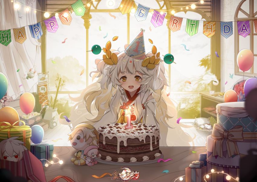 1girl, balloon, birthday_cake, brothers, cake, candle, chinese_clothes, confetti