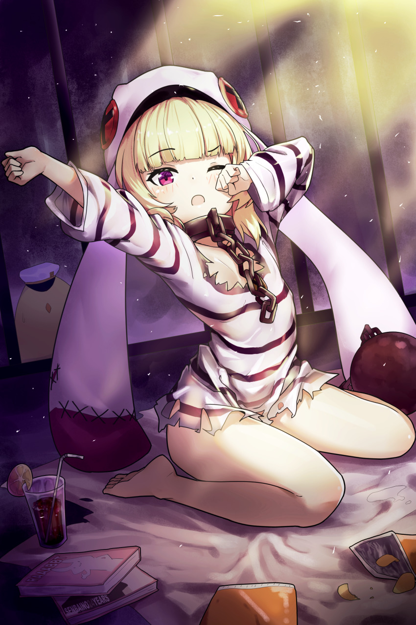 1girl, absurdres, azur_lane, ball_and_chain_restraint, blonde_hair, chain, cocktail_glass, cuffs