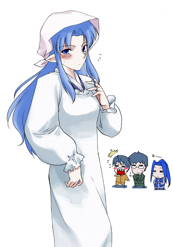 00s, 1girl, 3boys, apron, blue_eyes, blue_hair, blush, chibi