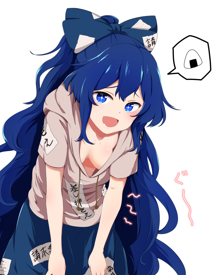 1girl, ajia_(otya3039), blue_bow, blue_eyes, blue_hair, blush, bow, breasts