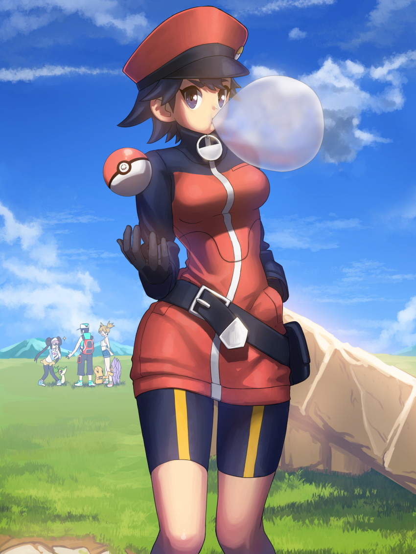 1boy, 3girls, arms_behind_back, backpack, bag, bare_legs, baseball_cap, belt