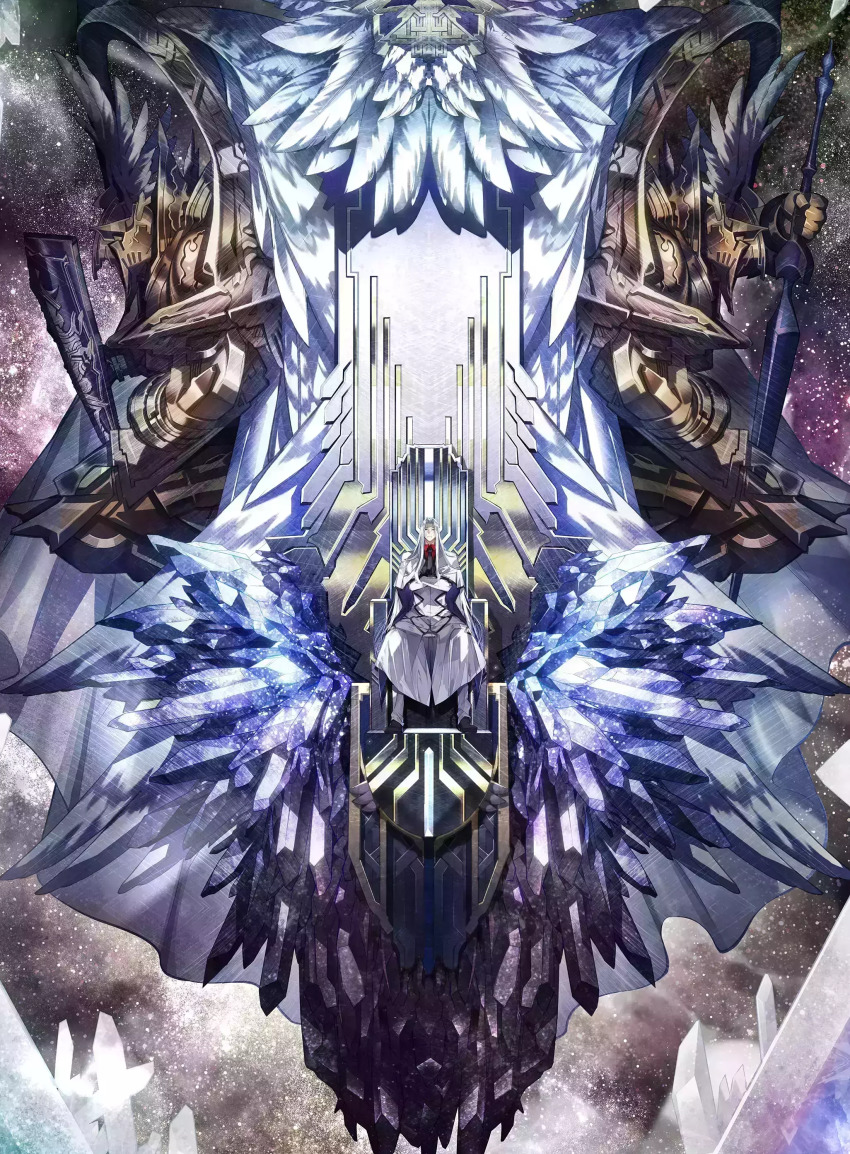 1boy, absurdres, angel, angel_wings, crossed_arms, crystal, dies_irae_pantheon, feathers