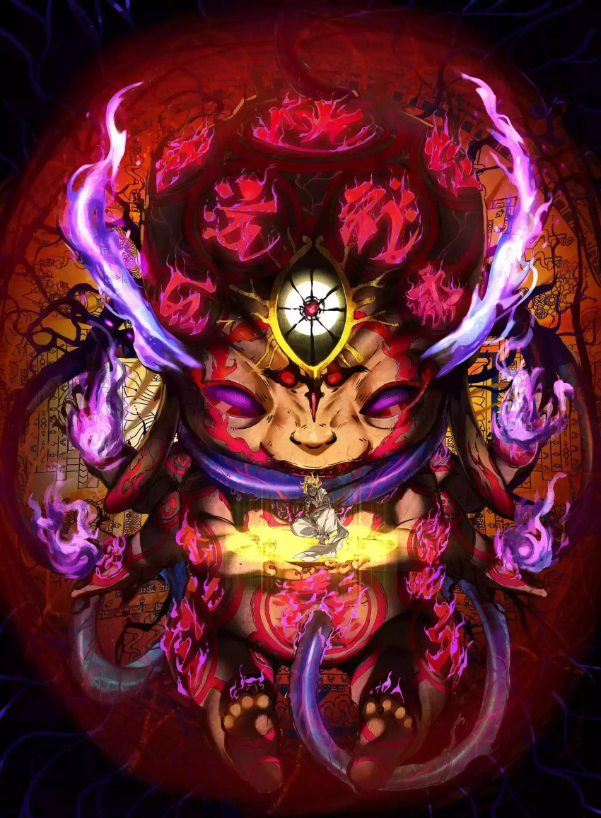 1boy, absurdres, armlet, barefoot, black_sclera, blonde_hair, bracelet, colored_sclera, dark_skin, dies_irae_pantheon, g_yuusuke, glowing, glowing_eyes, hajun, highres, jewelry, kajiri_kamui_kagura, looking_away, male_focus, official_art, scowl, shinza_bansho_series, solo, space, third_eye, throne, tube