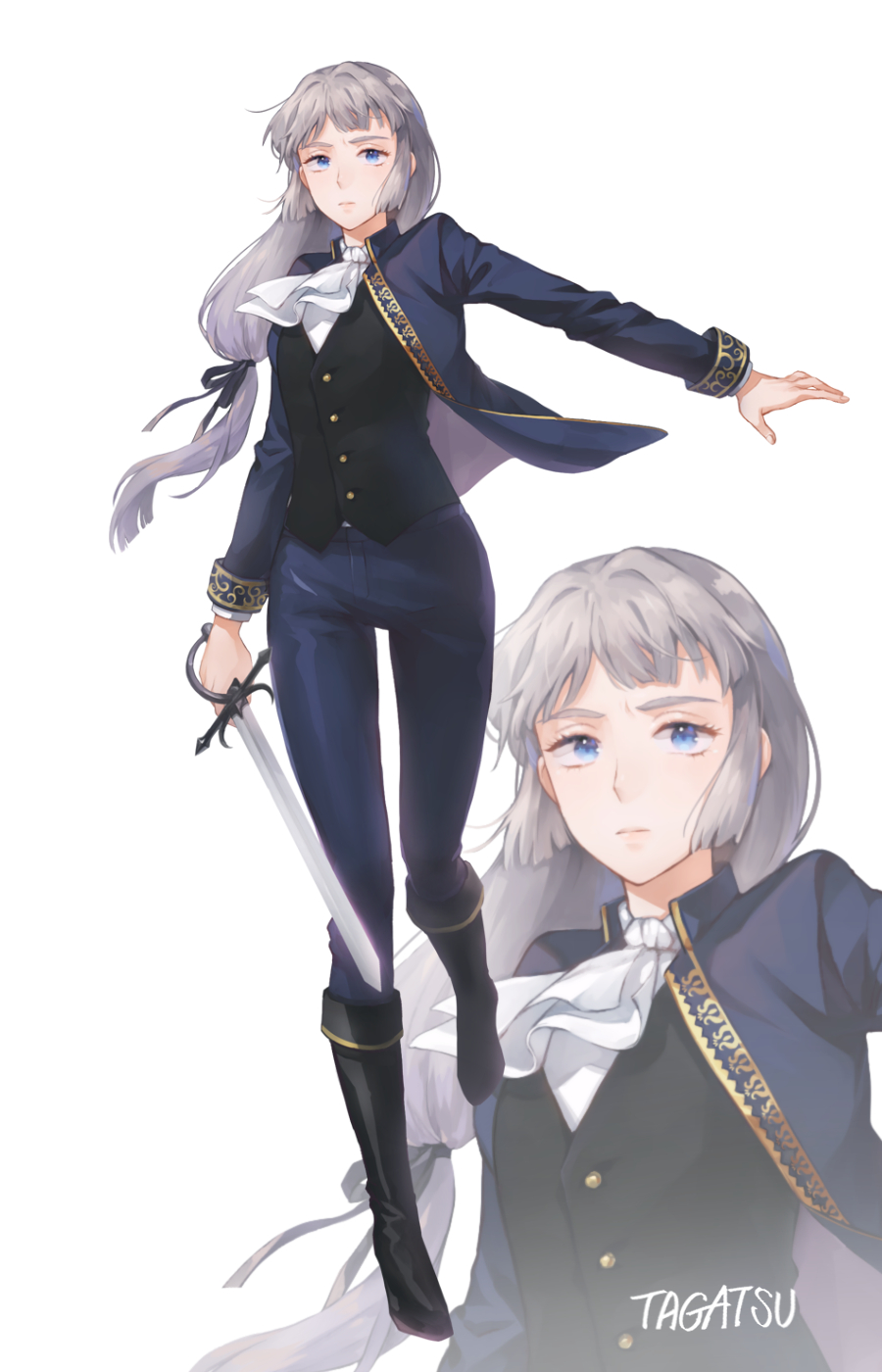 artist_name, ascot, black_footwear, black_ribbon, black_vest, blue_eyes, boots, gold_trim