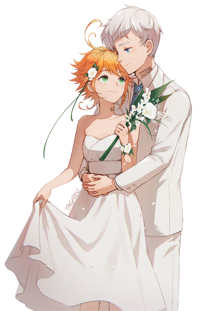 1boy, 1girl, ahoge, artist_name, bare_shoulders, blue_eyes, blue_neckwear, blush, breasts, bride, dress, emma_(yakusoku_no_neverland), flower, formal_clothes, green_eyes, grey_hair, hair_flower, hair_ornament, hetero, highres, holding, holding_flower, holding_own_dress, neck_tattoo, necktie, norman_(yakusoku_no_neverland), number_tattoo, orange_hair, short_hair, small_breasts, standing, suit, tagatsu, tattoo, wedding_dress, white_dress, white_flower, white_suit, x_hair_ornament, yakusoku_no_neverland