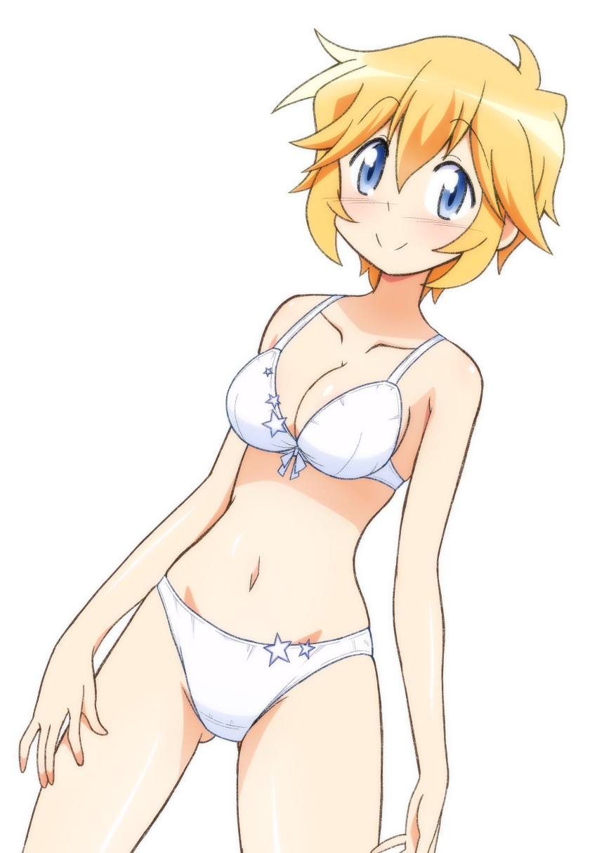 1girl, absurdres, ahoge, bikini, blonde_hair, blue_eyes, blush, breasts, cleavage, collarbone, female_focus, gluteal_fold, hair_between_eyes, hand_on_leg, highres, looking_at_viewer, lucky_star, medium_breasts, men_(artist), navel, patricia_martin, shiny_skin, short_hair, sideboob, sidelocks, simple_background, smile, solo, swimsuit, white_background, white_bikini