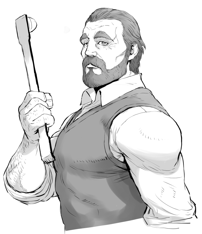 1boy, backscratcher, beard, broad_shoulders, commentary, dress_shirt, eizouken_ni_wa_te_wo_dasu_na!, expressionless