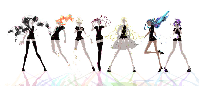 3boys, 4girls, absurdres, allister_(pokemon), bede_(pokemon), black_shorts, blonde_hair, blue_hair, crystal_hair, eyeball, full_body, gem_uniform_(houseki_no_kuni), gym_leader, highres, houseki_no_kuni, kurodai, lab_coat, long_hair, marnie_(pokemon), multicolored_hair, multiple_boys, multiple_girls, nessa_(pokemon), nintendo, oleana_(pokemon), orange_hair, piers_(pokemon), pokemon, pokemon_sword_and_shield, ponytail, purple_hair, shattered, short_shorts, shorts, simple_background, sonia_(pokemon), two-tone_hair, very_long_hair, white_background, white_hair