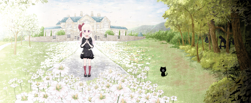 1girl, black_dress, bow, building, bush, cat, coco_(kuro), commentary_request