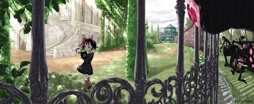 1girl, black_dress, black_hair, bow, building, bush, cat, coco_(kuro)