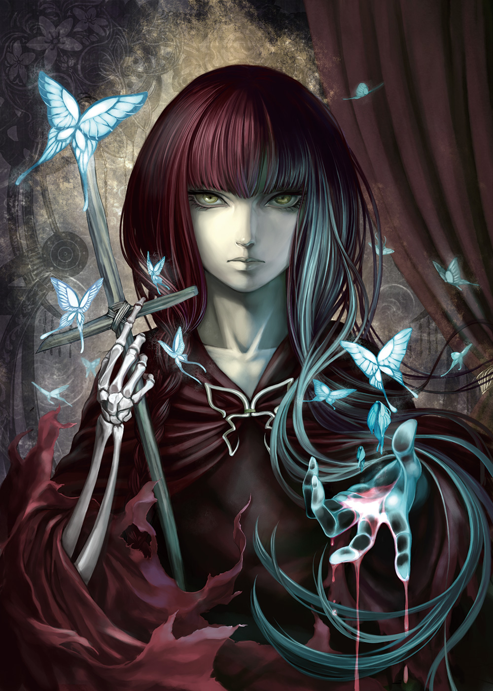 1girl, blue_butterfly, blunt_bangs, braid, brooch, bug, butterfly, butterfly_brooch, capelet, commentary_request, cross, fata_morgana_no_yakata, female_focus, highres, insect, jewelry, long_hair, looking_at_viewer, morgana_(fata_morgana_no_yakata), moyatarou, multicolored_hair, official_art, red_capelet, red_hair, single_braid, skeletal_hand, solo, white_hair, yellow_eyes