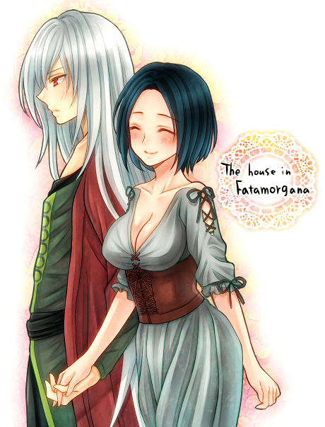 1boy, 1girl, albino, black_hair, blush, breasts, brown_corset, cleavage, closed_eyes, commentary_request, corset, couple, dress, fata_morgana_no_yakata, giselle_(fata_morgana_no_yakata), green_tunic, holding_hands, large_breasts, long_dress, long_hair, michel_bollinger, red_eyes, ritomo, short_hair, smile, tunic, white_dress, white_hair