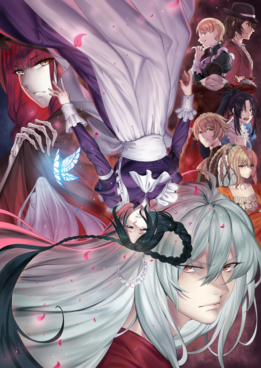 4boys, 6+girls, aida_yukimasa, apron, black_hair, black_headwear, blonde_hair, blood