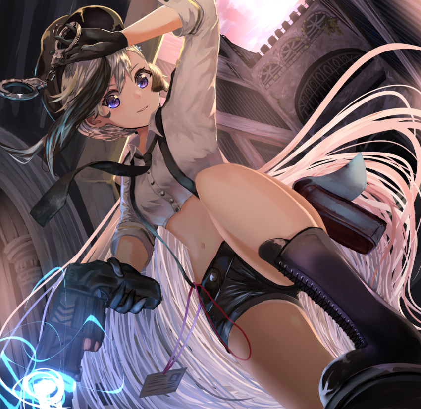 1girl, arm_up, azur_lane, belt_pouch, black_boots, black_gloves, black_hair, black_hat
