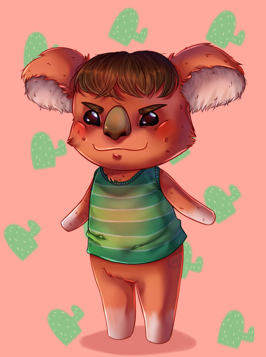 1girl, animal_crossing, artist_name, blush, brown_eyes, brown_hair, cactus, canberra_(animal_crossing), female_focus, full_body, furry, furry_female, highres, koala_ears, krisomnia, nintendo, pink_background, solo