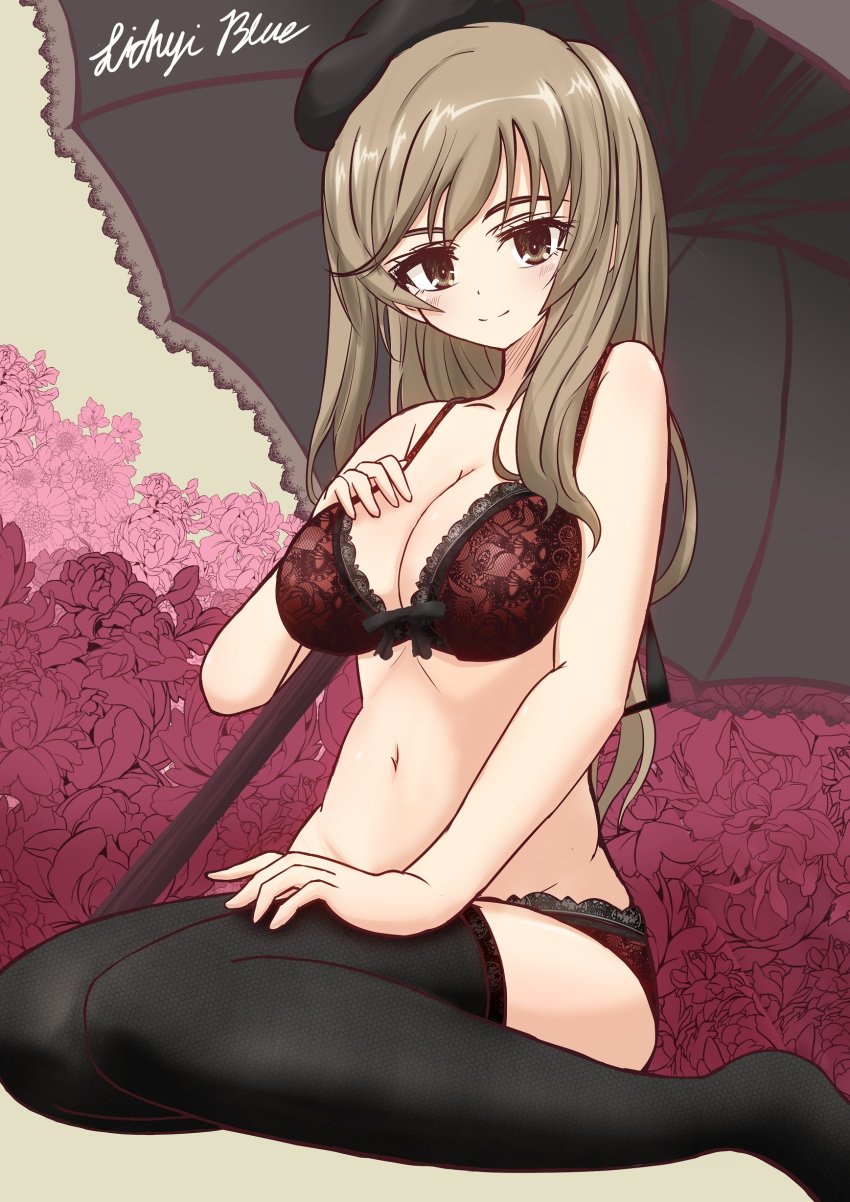 1girl, absurdres, artist_name, black_gloves, black_thighhighs, black_umbrella, blush, bow, bow_bra, bra, breasts, brown_eyes, brown_hair, cleavage, closed_mouth, commentary, female_focus, flower, girls_und_panzer, gloves, hand_on_own_chest, hand_on_own_thigh, highres, lace, lace-trimmed_bra, lace-trimmed_panties, lace_bra, lace_panties, lace_trim, lichyiblue, light_blush, long_hair, looking_at_viewer, mature_female, medium_breasts, navel, panties, purple_flower, red_bra, red_panties, shimada_chiyo, signature, sitting, smile, solo, thighhighs, umbrella, underwear, underwear_only, wariza