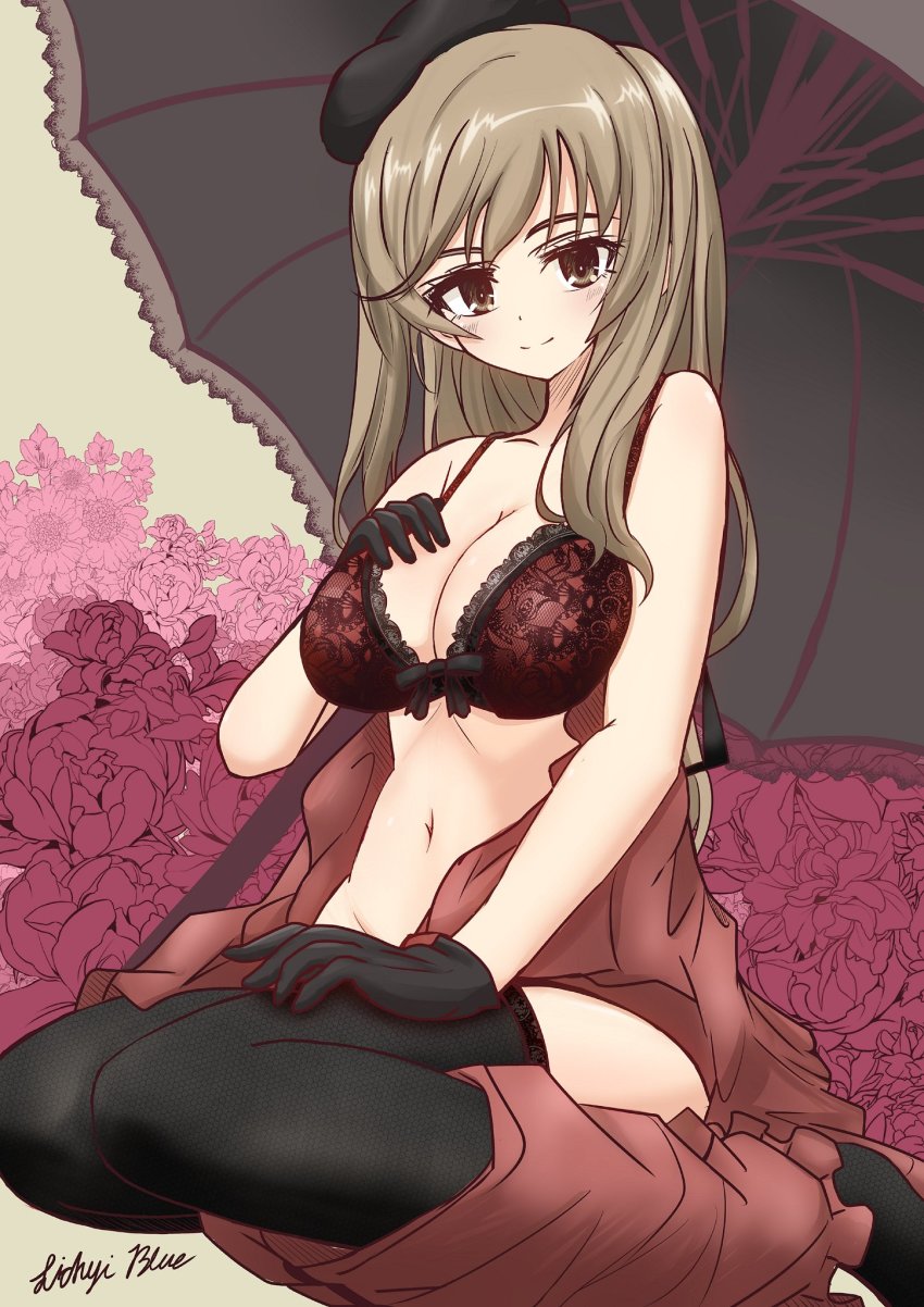 1girl, artist_name, black_gloves, black_thighhighs, black_umbrella, blush, bow, bow_bra, bra, breasts, brown_eyes, brown_hair, cleavage, closed_mouth, clothes_pull, commentary, female_focus, flower, girls_und_panzer, gloves, hand_on_own_chest, hand_on_own_thigh, highres, jacket, lace, lace-trimmed_bra, lace_bra, lace_trim, lichyiblue, light_blush, long_hair, looking_at_viewer, mature_female, medium_breasts, navel, off_shoulder, purple_flower, red_bra, red_jacket, red_skirt, shimada_chiyo, signature, sitting, skirt, skirt_around_ankles, skirt_pull, smile, solo, thighhighs, umbrella, underwear, wariza