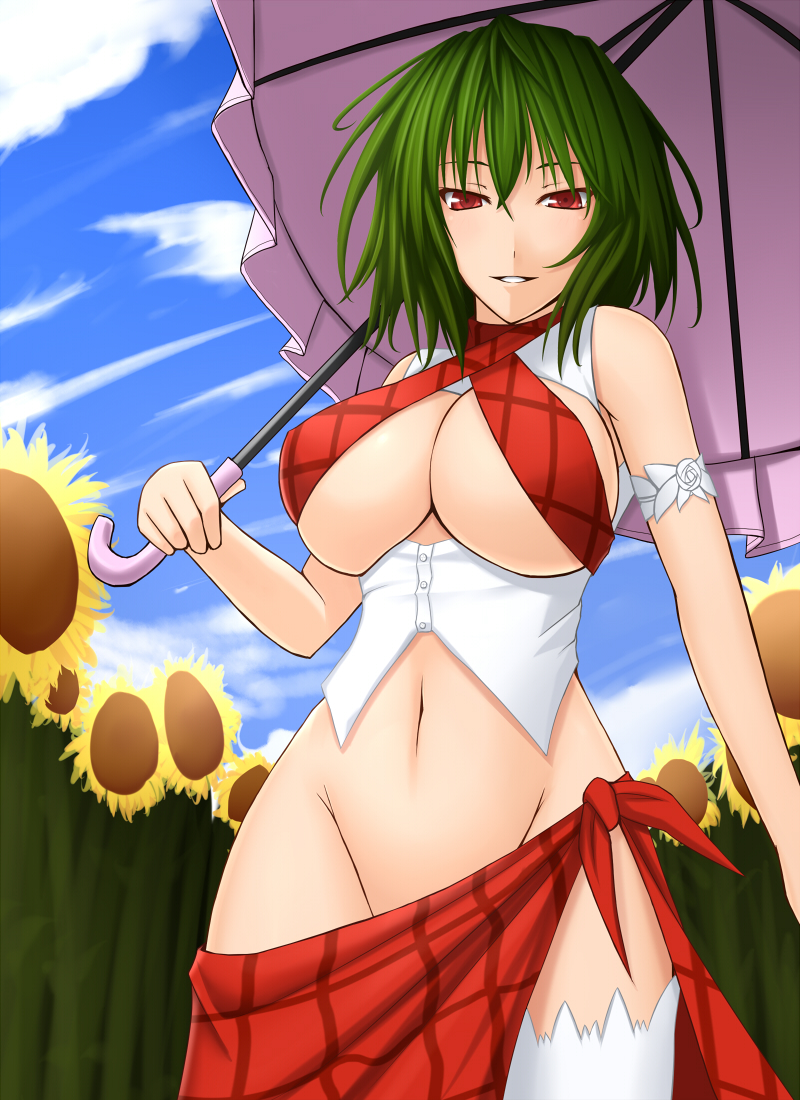 1girl, akitsuki_karasu, breasts, female_focus, flower, green_hair, groin, huge_breasts, kazami_yuuka, no_panties, open_clothes, plaid_clothes, plaid_sarong, red_eyes, sarong, sideboob, solo, sunflower, thighhighs, thighs, touhou, umbrella, underboob, white_thighhighs