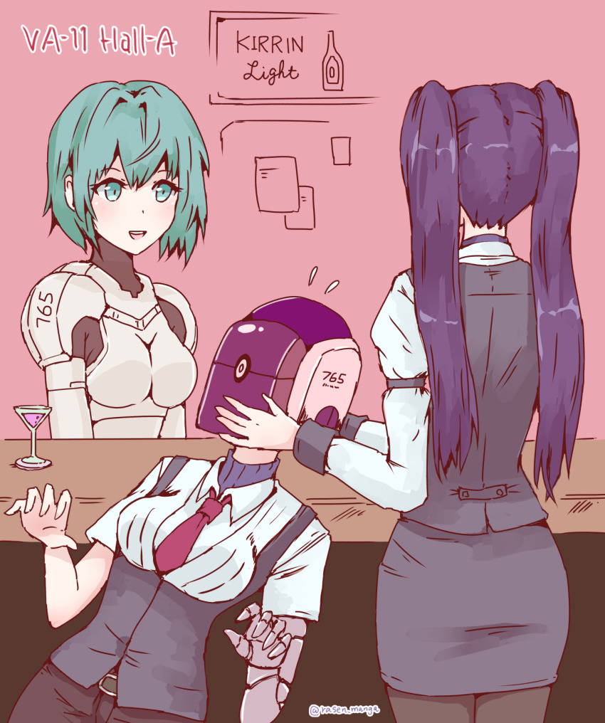 3girls, armor, bar_(place), bartender, breasts, dana_zane, green_hair, helmet