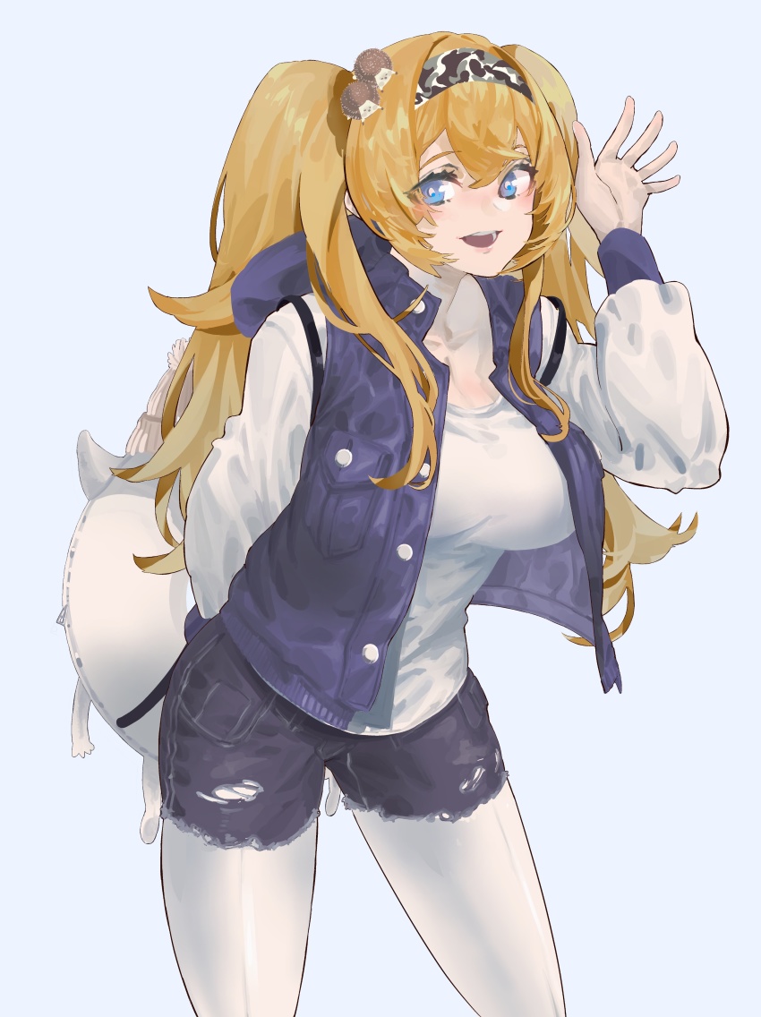 1girl, :d, absurdres, alternate_costume, backpack, bag, blonde_hair, blue_eyes