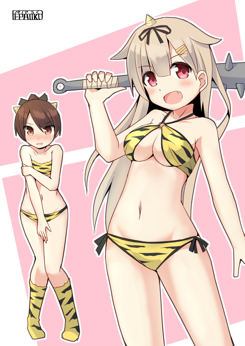 2girls, alternate_costume, animal_print, artist_logo, bandeau, bikini, black_ribbon, blonde_hair