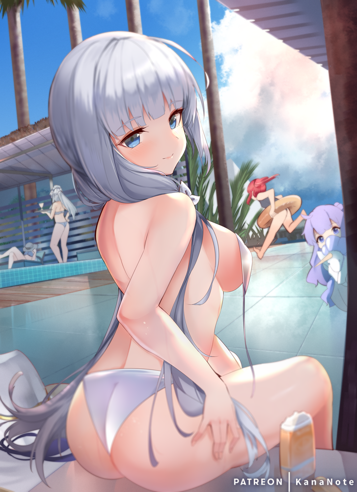 5girls, aqua_bikini, ass, azur_lane, belfast_(azur_lane), bikini, blue_eyes, blush, braid, breasts, character_request, french_braid, hair_bun, hair_ornament, hair_ribbon, i-19_(azur_lane), illustrious_(azur_lane), innertube, jersey_(azur_lane), large_breasts, lifebuoy, long_hair, looking_at_viewer, maid_headdress, mole, mole_under_eye, mujinbensin, mujinbi, multiple_girls, pool, purple_eyes, purple_hair, red_hair, ribbon, running, school_swimsuit, side_bun, single_hair_bun, single_side_bun, stuffed_animal, stuffed_toy, stuffed_unicorn, swim_ring, swimsuit, tray, unicorn_(azur_lane), very_long_hair, white_bikini
