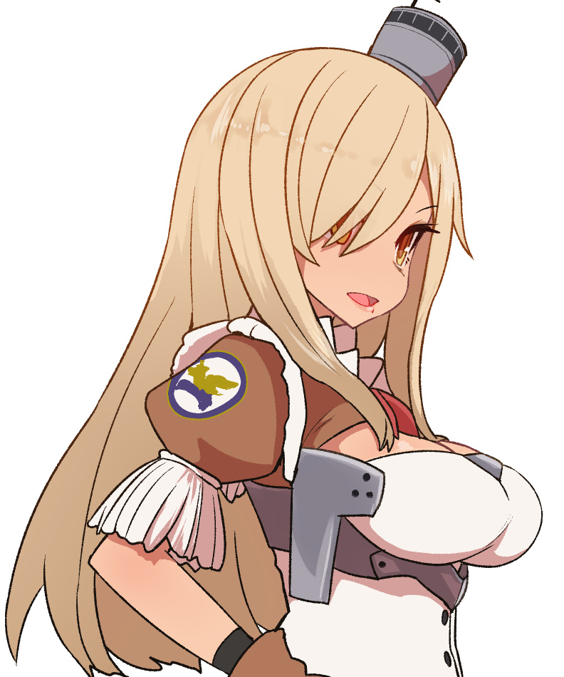 1girl, :d, azur_lane, blonde_hair, breasts, brown_eyes, brown_gloves, cleavage_cutout