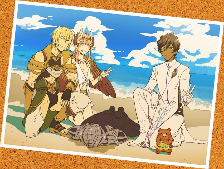 1girl, 3boys, arjuna_(fate), beach, black_hair, blonde_hair, bracelet, cape