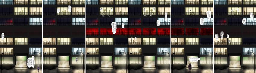 1boy, 6+girls, absurdres, abubu, apartment, arai-san_mansion, building, bush