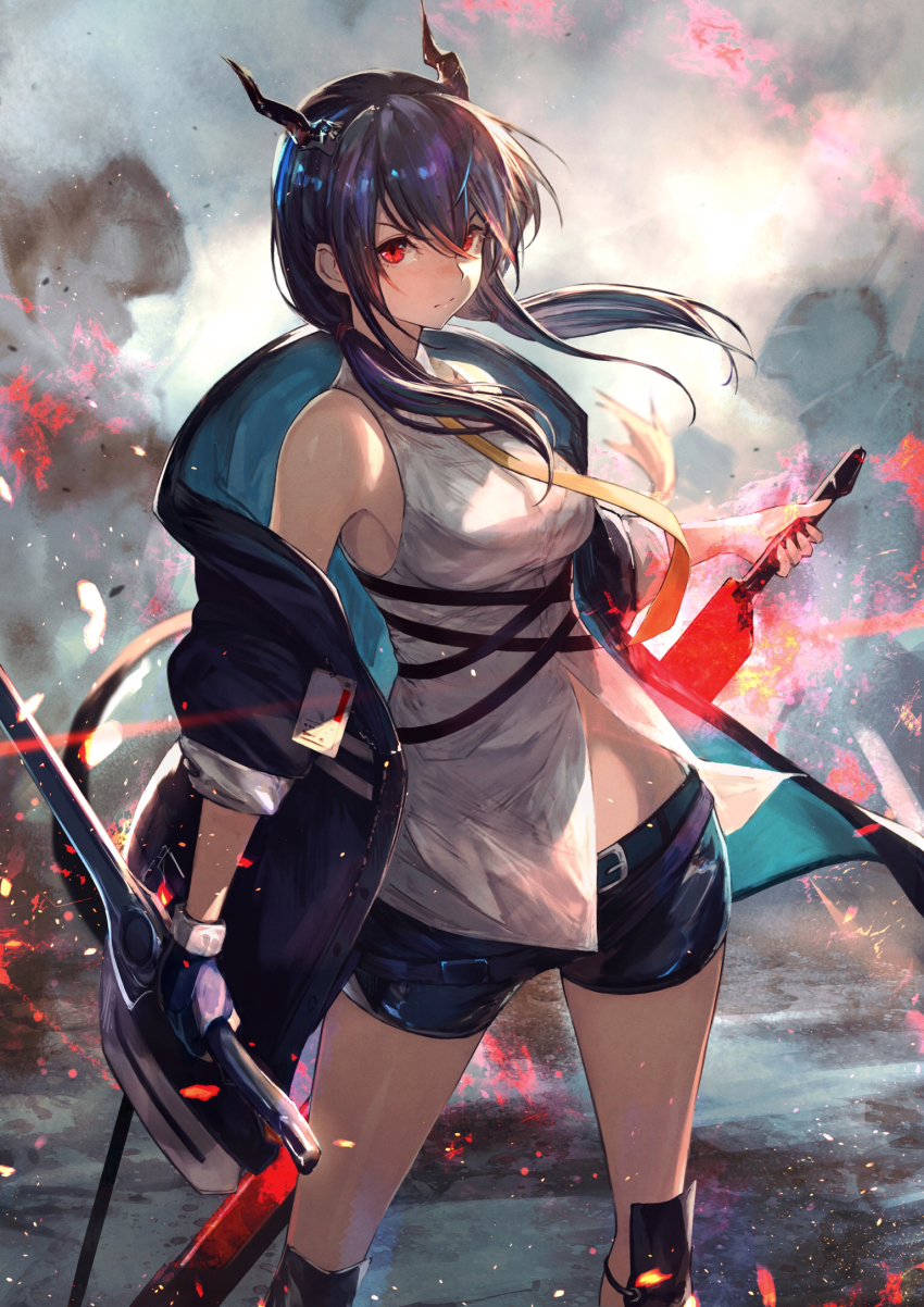 1girl, arknights, bare_shoulders, belt_buckle, black_jacket, black_shorts, blue_hair, breasts