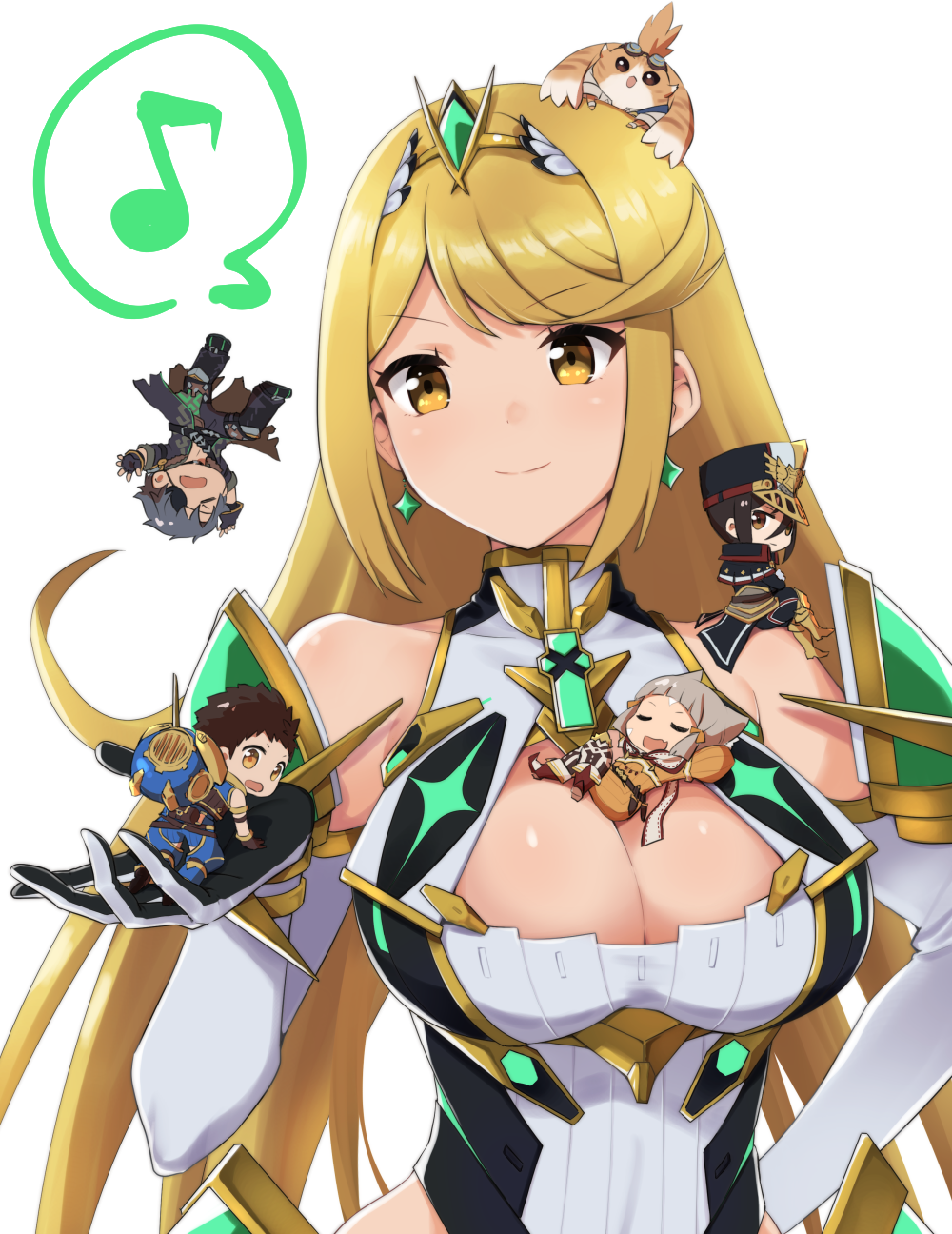 2boys, 3girls, armor, bad_id, bad_pixiv_id, bare_shoulders, blonde_hair, boots