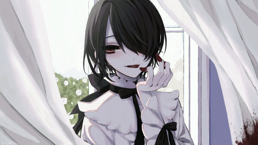 1boy, absurdres, black_bow, black_hair, blood, blood_on_hands, bow, brown_eyes, cross, cross_earrings, curtains, earrings, flower, hair_over_one_eye, highres, indoors, jewelry, licking_lips, looking_at_viewer, male_focus, mermeinu, original, pale_skin, tongue, tongue_out, upper_body, vampire, window