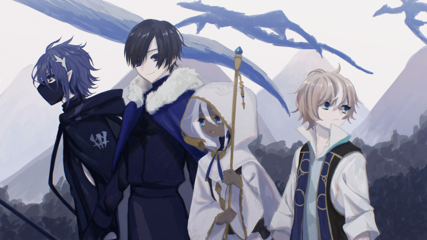 4boys, black_hair, blue_cape, blue_eyes, cape, dark_skin, dragon, highres