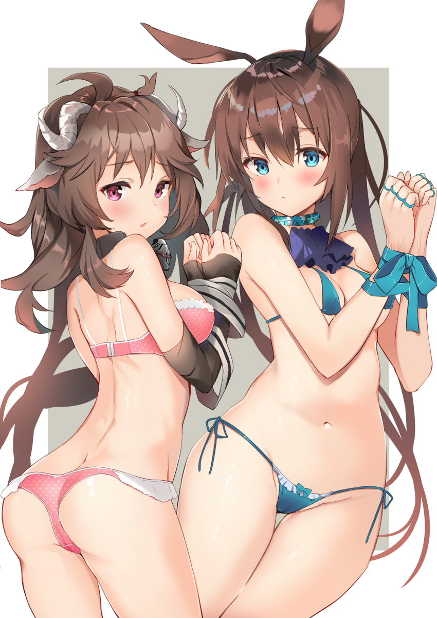 2girls, ahoge, amiya_(arknights), animal_ears, arknights, ascot, ass, bare_shoulders