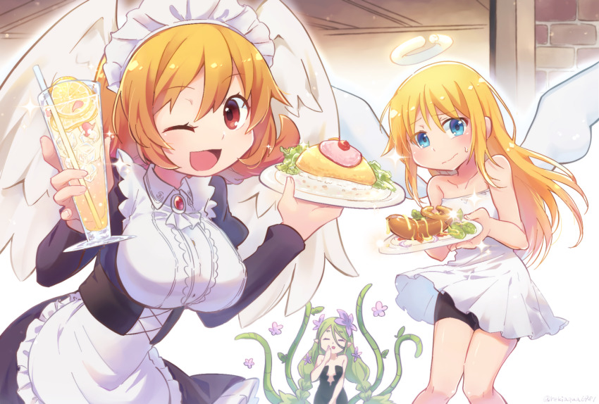 1other, 2girls, :d, ;d, angel, angel_wings, apron, bare_shoulders